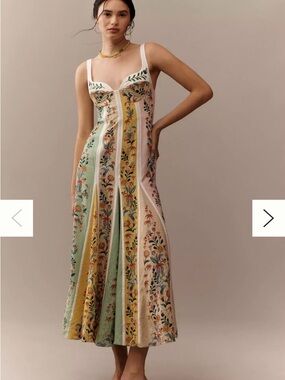 NWT FARM Rio Striped Floral Paneled Midi Dress in Pastel Green, Yellow & Blush